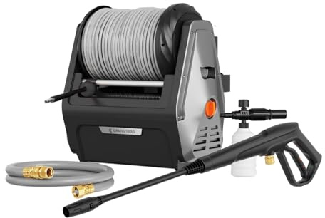 Giraffe Tools Wandmontierter Hochdruckreiniger, 1800 Watt, Max 2400 PSI, 2.0 GPM Elektrischer Wasserdruckreiniger, mit 30M Einziehbarem Schlauch, für Auto, Terrasse, Schwarz, Grauer weicher Schlauch