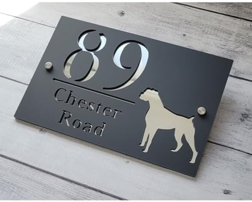 Letrero personalizado con número de casa para exteriores, letrero de casa de perro, moderno cortado con láser, acrílico 3D, placa de pared exterior de casa de perro, negro mate, letrero de dirección