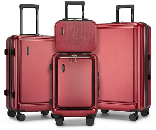 Kono 4 st resväska ABS + PC hård skal vagn, lätt resa handbagage kabinbagage TSA-lås, mode incheckat fodral handbagage med 4 spinnhjul 30 cm 50 cm 61 cm (20 tum) 28 tum (vinröd), Vinröd, Set of 4,