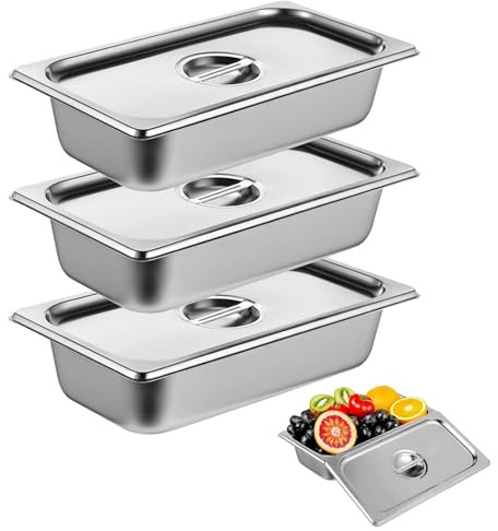 Lot de 3 bols à paner - 32,5 x 17,5 x 6,5 cm - En acier inoxydable GN 1/3 - Récipient gastronorme en acier inoxydable avec couvercle - Plaque rectangulaire en métal - Kit de panure pour côtelettes