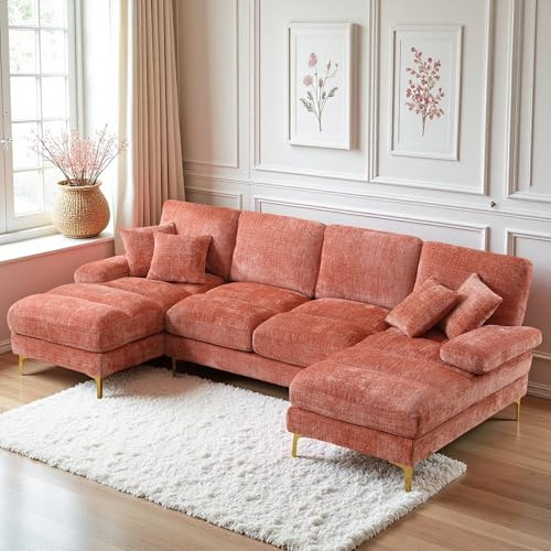 Seyakany Sofá de 4 plazas Relax en forma de U de Chenille con dos asientos reclinables, sofá de esquina, sofá panorámico, para sala de estar, dormitorio, oficina, apartamento, Villa, salón