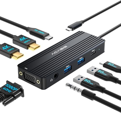 Estación de acoplamiento USB C para monitores duales, estación de acoplamiento para portátil con HDMI dual 4K a 60HZ, 1 VGA 1080P a 60HZ, 2 USB A 5G, 1 USB C 5G, audio de 3,5 mm, PD100W, estación de