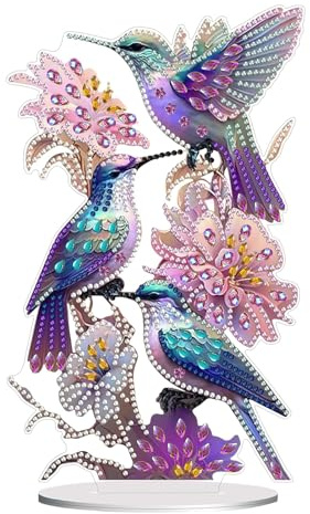 DIY Diamant Painting Aufsteller Kolibri, 5D Kristall Diamant Malerei Tischdeko für Anfänger, Stehende Dekoration mit Blumen, Vögel, Kreatives Kunst Set, Geschenk für Zuhause oder Büro（15.3x24.6cm）