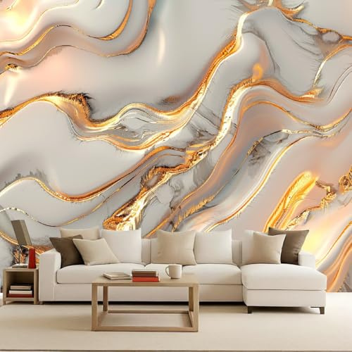 Papel Pintado Dorado Mármol Geométrico Rayas 350x256 cm Efectos 3D Papel Tapiz Fotográfico Tejido No Tejido Mate Póster Fotomurales Decoración Pared Para Dormitorio Salón Decorativos Murales