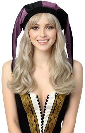 ANDHOM The Middle Ages Jester Cosplay Hat Medieval Clown Cape Bells Adult Joker Halloween Carnival Party Hat