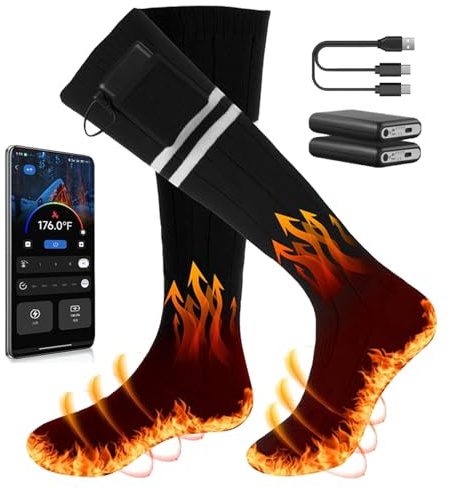 Calze riscaldabili, calze riscaldabili ricaricabili con batteria da 2 x 5000 mAh, 4 impostazioni di calore, controllo app, calze riscaldabili lavabili, da uomo e da donna, per sci, per sport invernali