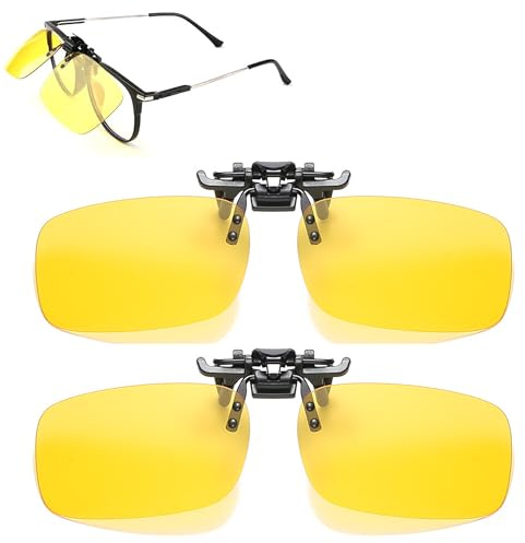 Hotcho 2Pcs Flip Up Clip On Night Driving Glasses, Polarized Anti Glare Driving Glasses for Men Women, Night Vision Glasses for Driving with Yellow Lens, UV400 Day Night Use, Clip On Glasses