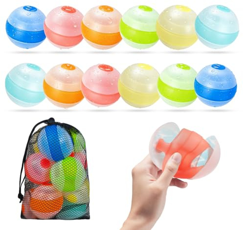 RedCrab 12PCS Reusable Water Balloons for Kids, Refillable Silicone Water Bombs, Quick Fill & Self-Sealing, Non-Magnetic, for Kids, Boys, Girls, Adults to Play Beach, Pool, Party