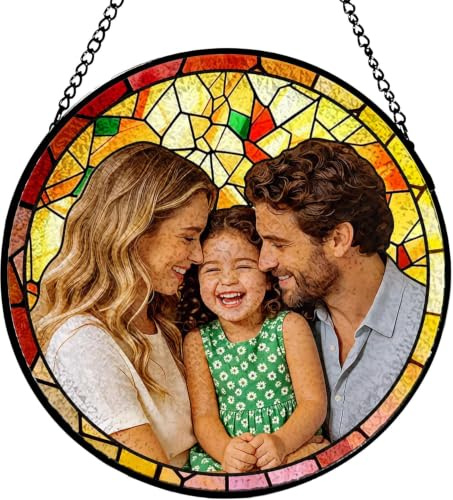 EDSG Personalised Family Stained Glass Sun Catcher, Fathers Day Photo Gifts from Daughter Son Wife, Photo Frame Gifts for Fathers Day Birthday Christmas Dad Daddy Grandpa (Design 2)