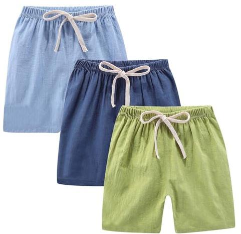 3 Pack Kids Cotton Linen Shorts for Boys Drawstring Elastic Waist Short Trousers Toddler Summer Beach Casual Lightweight Shorts Straight Wide Leg Joggers Solid Athletic Pants (Blue-d, 11-12 Years)