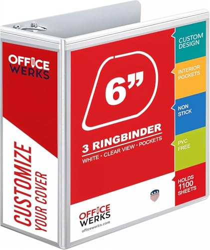 3 Ring Binders, 6 Inch D Ring Heavy Duty Large Binder with Pockets for 8.5 x 11 Sheet Size, Durable Non-Stick Customizable Clear View Cover (White)