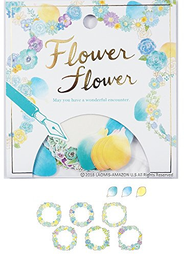 Mind Wave Japanese Washi Flowers Foil Stamping Write-On Stickers/Pack of 39 (Mint Blue [ 78960 ])