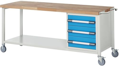 eurokraft | Fahrbare Werkbank Serie 8000 | Gestellbauweise | 3 Schubladen | Ablageboden | BxT 2000 x 700 mm