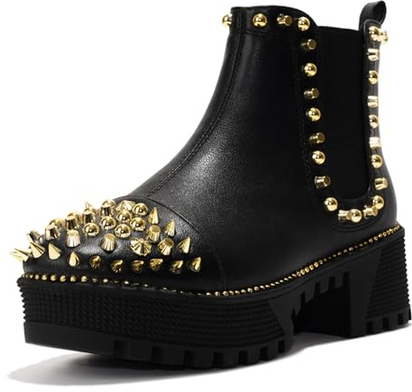 Cape Robbin Women's Platform Combat Boots Pull-on Ankle Booties, Studded Goth Punk Boots with Spiky Design & Chunky Heel (Spiky) - Black Gold Size 10