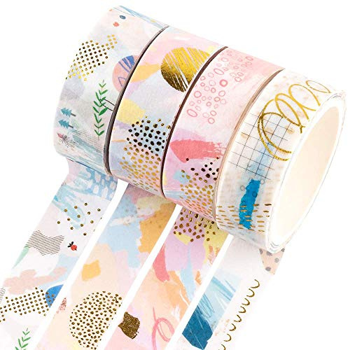 YUBBAEX Oro Washi Tape Set cinta adhesiva decorativa Washi Glitter Adhesivo de Cinta Decorativa para DIY Crafts Scrapbooking 4 Rollos (Bronceado geométrico)