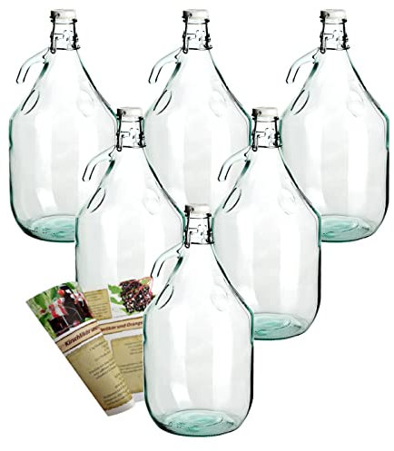 gouveo Lote de 6 botellas de cristal vacías de 5 l con tapón de estribo y asa – Gran botella de estribo de 5 000 ml para rellenar y guardar
