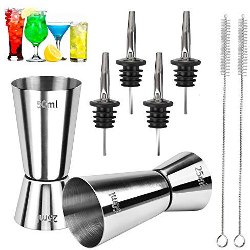 Spirit Measures 25ml 50ml, 8-Piece Set Stainless Steel Shot Measure Drinks Alcohol Gin Jigger Bar Craft Dual Measuring Cup for Cocktail with 4Pcs Spirits Pourers and 2 Pcs Brushes