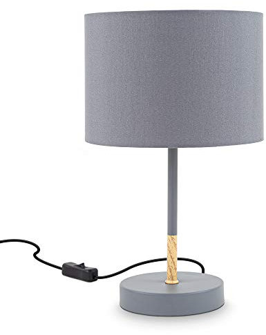 B.K.Licht - Nachttischlampe mit Kabelschalter, Lampenschirm aus Stoff, Vintage, Tischlampe, Lampe, Schreibtischlampe, Tischleuchte, Bürolampe, Leselampe, Leselicht, Retro, 33x20 cm, Grau