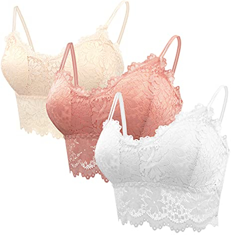 FEOYA Damen 3 Stück Spitzen BH Gepolstert Bustier Tops Bralette Yoga Training Sport Bra Klassisch Trägertop Weiß+Hautfarbe+Rosa - Größe M(75C-80C)