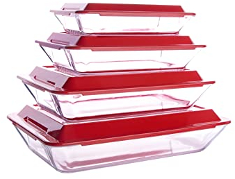 HUSANMP Set mit 8-teiligem Backformen-Set aus gehärtetem Glas, 4 x Glas-Backformen und 4 x BPA-freie Deckel. Geeignet für Ofen, Kühlschrank und Spülmaschine.