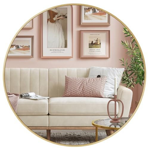 SONGMICS 61 cm d Spiegel rund, runder Spiegel, Wandspiegel, Metallrahmen, einfache Montage, modern, für Bad, Wohnzimmer, Schlafzimmer, Flur, Eingangsbereich, metallisches Gold LWM102AB03