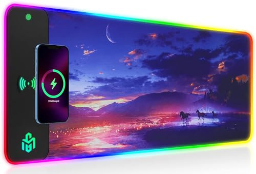 GIM Wireless Charging RGB Gaming Mouse Pad 15W, LED Mouse Mat 800x300x4MM, 10 Light Modes Extra Large Mousepad Non-Slip Rubber Base Computer Keyboard Mat for Gaming (Purple)