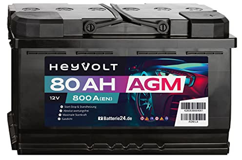 HeyVolt AGM Autobatterie 12V 80Ah 800A/EN Starterbatterie, Start-Stop & Standheizung geeignet, absolut wartungsfrei