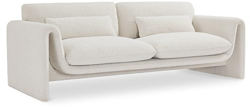 Meridian Furniture 198Cream-S Stylus Collection Modern | Contemporary Boucle Fabric Upholstered Sofa with Rich Cream Boucle Fabric, Curved Arms, 86 W x 38 D x 31 H, Cream
