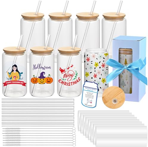 MAFYE 16oz Clear Sublimation Glass Tumbler with Bamboo Lid & Straw, 8-Pack