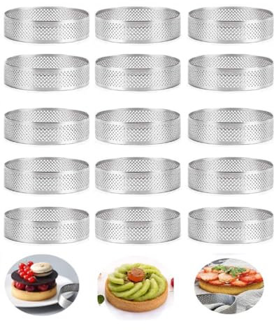 Kopinma 15 Pack Tartelette Förmchen, 8cm Tortenring Perforierter Dessertringe Mousse Ring, Crumpet Rings Edelstahl Backringe Dessertringe, Kuchenform für Torten Gebäck Minikuchen Mini-Pizzen