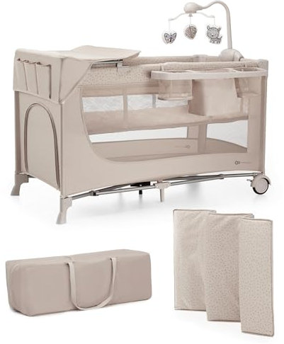 Kinderkraft Joy 2 Acc Kinderbett, 3 in 1 Kinderreisebett, Babybetten, Kinderbett, Reisebett, Modernes Design, Kleine Abmessungen nach Zusammenklappe, Praktisches Zubehör, Räder, Beige
