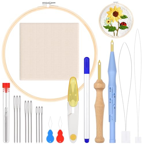 Sweet 19 pièces punch aiguille broderie kit avec anneau à broder, punch et fil aiguille, idéal pour les débutants en broderie FLOSS Cross Stitch