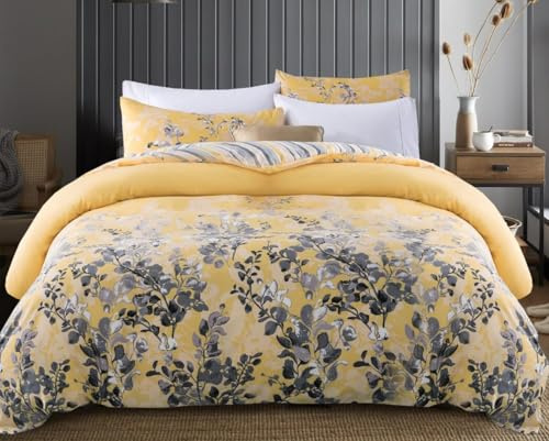 MOONLIGHT20015 Double Duvet Set Soft Printed Luxury Bedding Set Premium Brushed Microfiber Duvet Cover with Pillowcases (Ochre Blossom 200x200 CM)