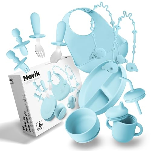 Navik | set pappa svezzamento da 12 pezzi | piatto con ventosa per bambini | bicchiere bambino con cannuccia | ciotola e posate in silicone | Blu