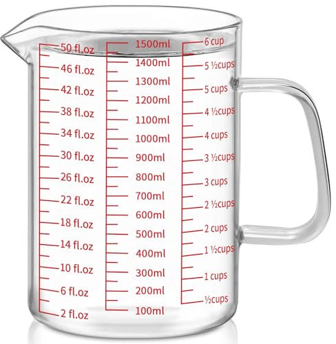 Luvan 1500 ml/6 Tasses/51 oz Tasse à Mesurer en Verre, Facile à Lire avec 3 Échelles de Mesure (Ml/Oz/Tasse), Tasse à Mesurer en Verre Borosilicate Résistante à la Chaleur pour la Cuisine