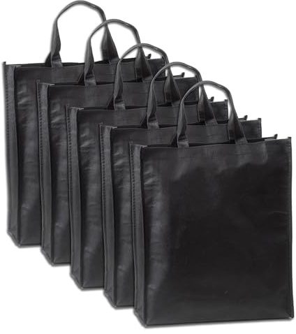IPEA Sacs de Course Shopper en TNT - 5 pièces - Tote Bag - Dimensions 42 x 37 cm - Sac en Tissu non Tissé réutilisable pour le shopping et les loisirs - Sacs noirs en TNT - Lot de 5 - Noir,