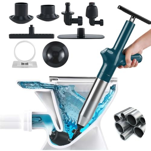 Wenbones Déboucheur Canalisation Haute Pression, Déboucheur Wc Air Comprimé avec 4 Différentes Ventouses, Piston de Toilette pour Déboucher les Toilettes, Baignoire, Drain de sol, Lavabo (bleu)