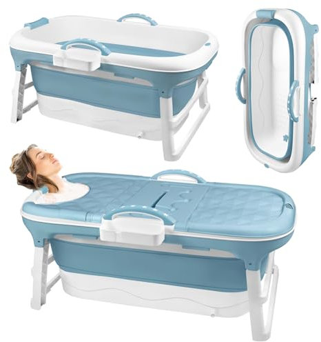 Kidsgigglz Baignoire Pliable pour Adulte, Baignoire Mobile avec Rouleaux de Massage, Siège de Baignoires Portable, Couvercle Amovible, Panier à Savon, pour Salle de Bain à Poser, 118x62x52cm
