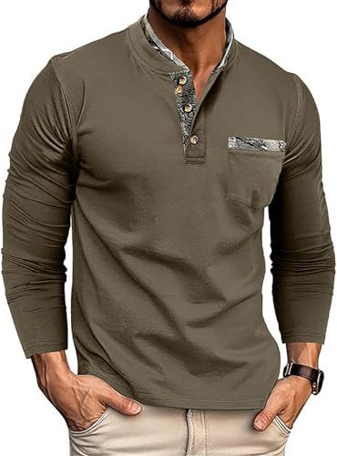 Ryehack Tee Shirt Homme Manche Longue Henley Tshirts en Coton Boutonné Polo Golf Shirt avec Poche, Vert, L