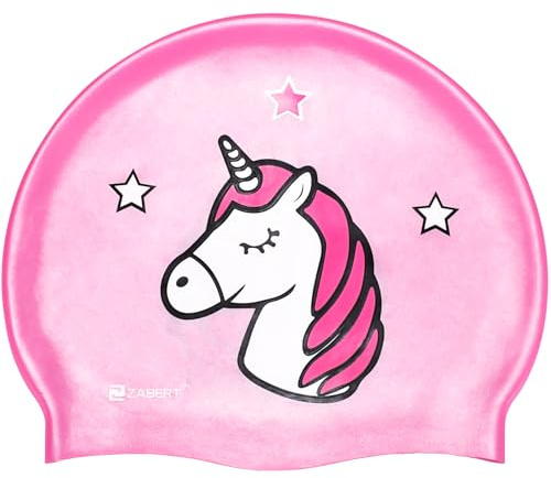 ZABERT Girls Kids Swimming Cap for Kids Girls 4 5 6 7 8 9 10 Years Silicone Long Hair Pink Unicorn v3