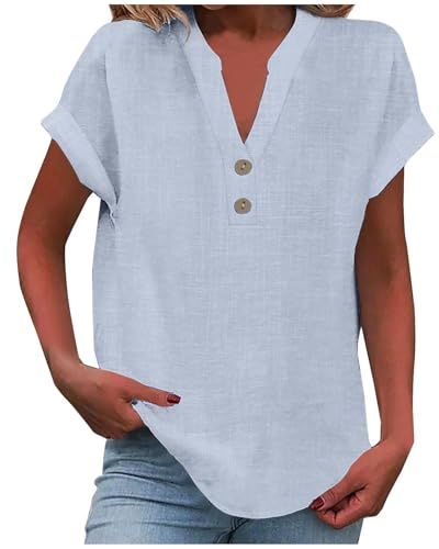 RLEHJN Chemise Femme Coton Lin Top À Manches Courtes en Coton Et Lin pour Femmes Col V Boutonné Top Henley Chemisier Couleur Uni Lâche Respirant T-Shirts Casual Tunique Blouse Vente Flash