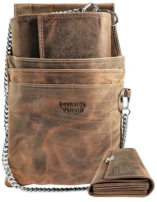 LEONARDO VERRELLI Kellner Geldbörse, aus Leder, Kellnerbörse, Geldbeutel, Taxi, Damen Herren Portemonnaie mit oder ohne Holster, Steck-Tasche, mit Kette und großem Münzfach in schwarz (Braun)