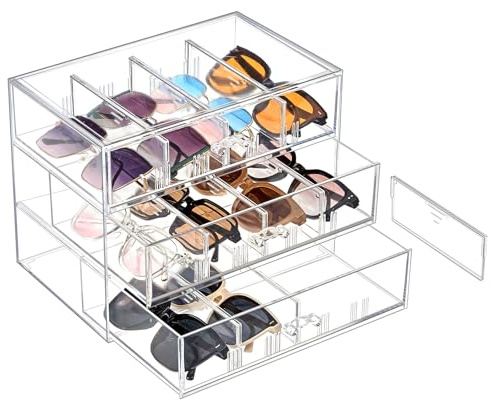Lolalet Organizzatore di Occhiali da Sole Trasparente con Cassetto, Scatola di Stoccaggio con Divisori Rimovibili per Coppie Multiple -Trasparente, 3 livelli