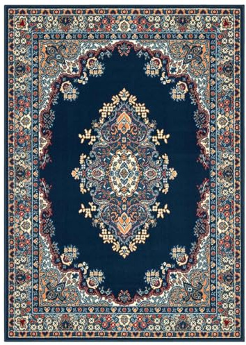 Juego (3 piezas) de alfombras económicas tradicionales persas orientales, pelo corto 6210 azul, trío de alfombras para pie de cama (1 pieza 70x130 + 2 piezas 55x105)
