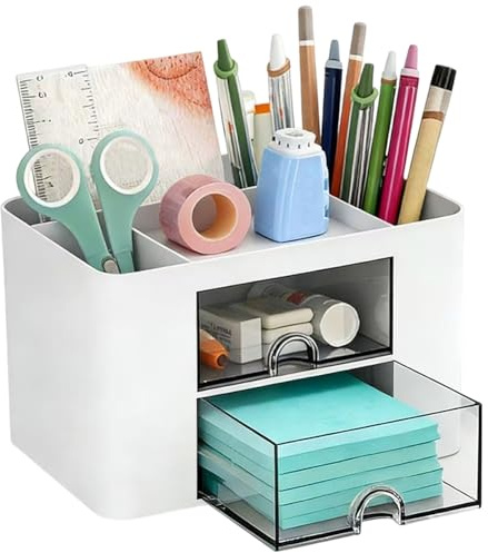 Binnan Organisateur de Bureau, Organisateur de Bureau Multifonctionnel, Rangement en Plastique avec 5 Compartiments, 2 Tiroirs Coulissants, Organisateur pour Maison École Bureau