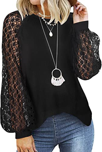 Tuopuda Camiseta Mujer de Manga Larga Elegantes Blusa de Encaje Informal Camisa de Cuello Redondo Casual Sueltas Tops(Negro,S)