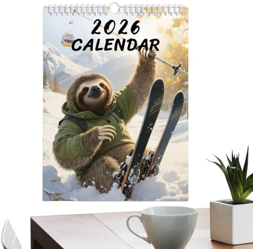 Rolig djurkalender 2026, pappersplanerare för 12 månader - väggkalender med sengångare skidåkning illustration 21 x 28 cm - för kontor sovsal lägenhet sovrum vardagsrum sovrum tå