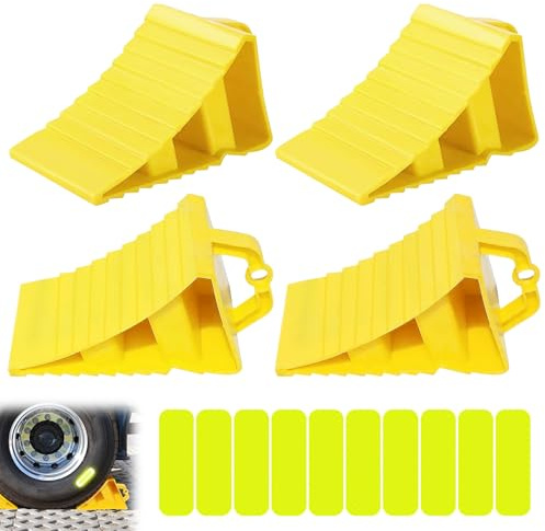 4 pezzi di cunei, cunei con manici, in plastica gialla con 10 adesivi riflettenti, cunei antiscivolo, in plastica gialla, cunei per auto, roulotte, camper, moto