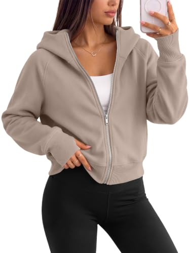 LILLUSORY Zip Up Hoodies for Women UK Cropped Jackets Fleece Sweatshirts Full Zip Sweaters Fall Gym Outfits Ladies Jumpers Capsule Wardrobe Clothing Autumn Airplane Travel Clothes CoffeeGrey M