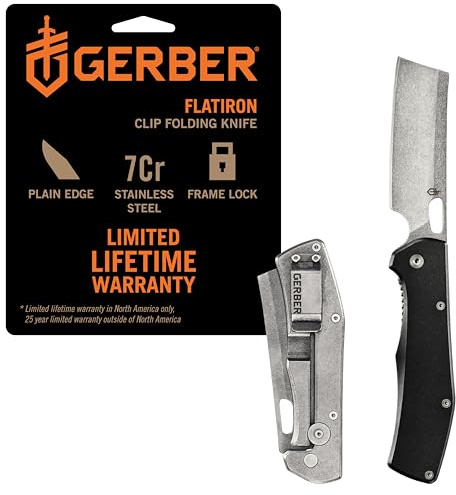 Gerber Gear Flatiron Folding Pocket Knife, EDC Stainless Steel Folding Knife with 3.6 Cleaver Blade and Pocket Clip, Black